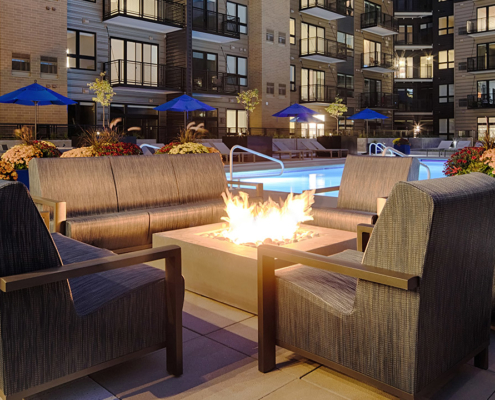 Rooftop lounge area with firepit